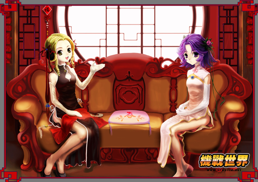 banpresto blonde_hair china_dress chinese_clothes dress elbow_gloves gloves latune_subbota purple_eyes purple_hair shine_hausen st.microscope super_robot_wars super_robot_wars_original_generation yellow_eyes