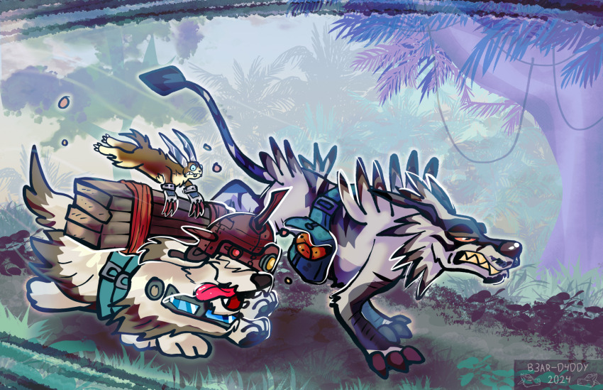 claws digimon digimon_(creature) dog garurumon highres komondomon prairiemon running tail tongue tongue_out wolf