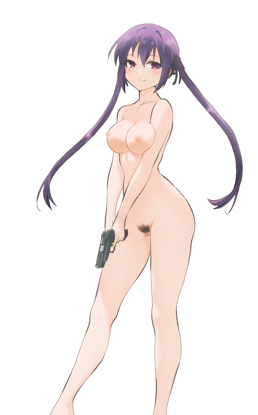 1girl absurdres black_ribbon blush breasts breasts_squeezed_together closed_mouth collarbone commentary completely_nude feet_out_of_frame female_pubic_hair gochuumon_wa_usagi_desu_ka? gun hair_ribbon handgun highres hitorilily holding holding_gun holding_weapon long_hair looking_at_viewer medium_breasts navel nipples nude pubic_hair purple_hair pussy ribbon simple_background smile solo standing tedeza_rize twintails uncensored weapon white_background