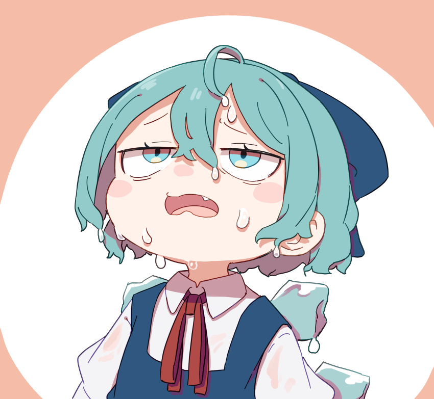 1girl absurdres ahoge blue_bow blue_dress blue_eyes blue_hair blush_stickers bow cirno collared_shirt commentary_request dress hair_bow highres ice ice_wings kame_(kamepan44231) neck_ribbon open_mouth pinafore_dress portrait red_ribbon ribbon shirt short_hair sleeveless sleeveless_dress solo sweat touhou white_background white_shirt wings