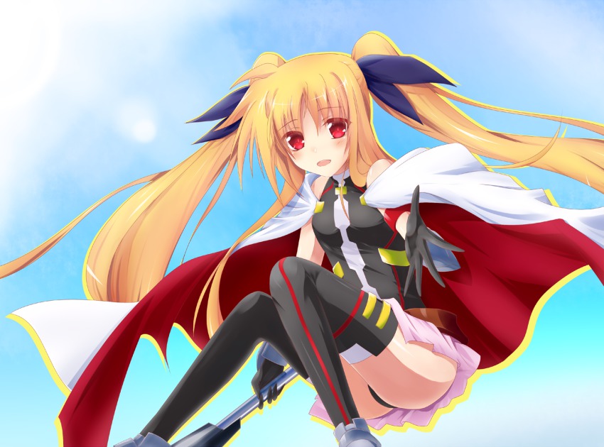 1girl armor bardiche_(nanoha) bare_shoulders belt blonde_hair blush cape fate_testarossa fate_testarossa_(blaze_form) female_focus gloves hair_ribbon hirokichi_shouji long_hair lyrical_nanoha mahou_shoujo_lyrical_nanoha mahou_shoujo_lyrical_nanoha_a&#039;s mahou_shoujo_lyrical_nanoha_the_movie_2nd_a&#039;s open_mouth outstretched_hand red_eyes ribbon skirt solo thighhighs twintails very_long_hair