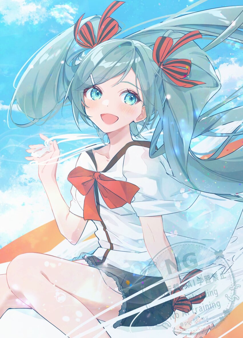 1girl aqua_eyes aqua_hair arm_at_side arm_support bare_legs black_ribbon blouse blue_sky blurry bokeh clothes_lift cloud collarbone contrail day denim denim_shorts depth_of_field dot_nose eyelashes facing_viewer feet_out_of_frame flat_chest floating_hair hair_ornament hair_ribbon hairclip hand_up happy hatsune_miku hatsune_miku_(shiny) highres horizontal-striped_ribbon knees_together_feet_apart light_blush light_particles long_hair looking_to_the_side neck_ribbon open_mouth outdoors puchimu red_ribbon ribbon sekiranun_graffiti_(vocaloid) shirt short_shorts shorts sidelocks sideways_glance single_vertical_stripe sitting sky solo straight_hair striped_clothes striped_ribbon striped_shirt sunlight swept_bangs tareme thick_eyelashes twintails two-tone_ribbon vertical-striped_clothes vertical-striped_shirt very_long_hair vocaloid white_shirt wide_sleeves wind wind_lift wispy_bangs wrist_ribbon