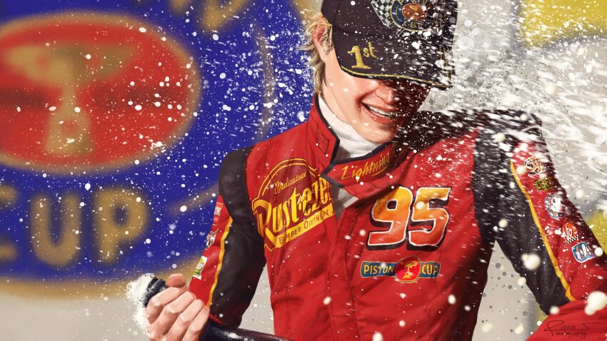 1boy alcohol baseball_cap black_hat blonde_hair bottle cars_(movie) champagne hat highres holding holding_bottle jumpsuit kkelsey_spring lightning_mcqueen making-of_available male_focus parted_lips personification photorealistic racing_suit realistic red_jumpsuit signature solo sponsor