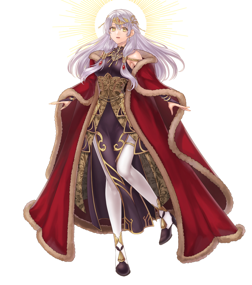 1girl absurdres bare_shoulders black_dress black_gloves bracelet bridal_gauntlets cape circlet coat commission dress elbow_gloves fire_emblem fire_emblem:_radiant_dawn fire_emblem_cipher fire_emblem_heroes fur-trimmed_coat fur_trim gloves grey_hair half_updo hazuki_(nyorosuke) highres jewelry long_dress long_hair micaiah_(fire_emblem) micaiah_(radiant_queen)_(fire_emblem) nintendo official_alternate_costume pantyhose pelvic_curtain red_cape red_coat side_slit simple_background skeb_commission sleeveless sleeveless_dress smile solo turtleneck turtleneck_dress white_background white_pantyhose yellow_eyes