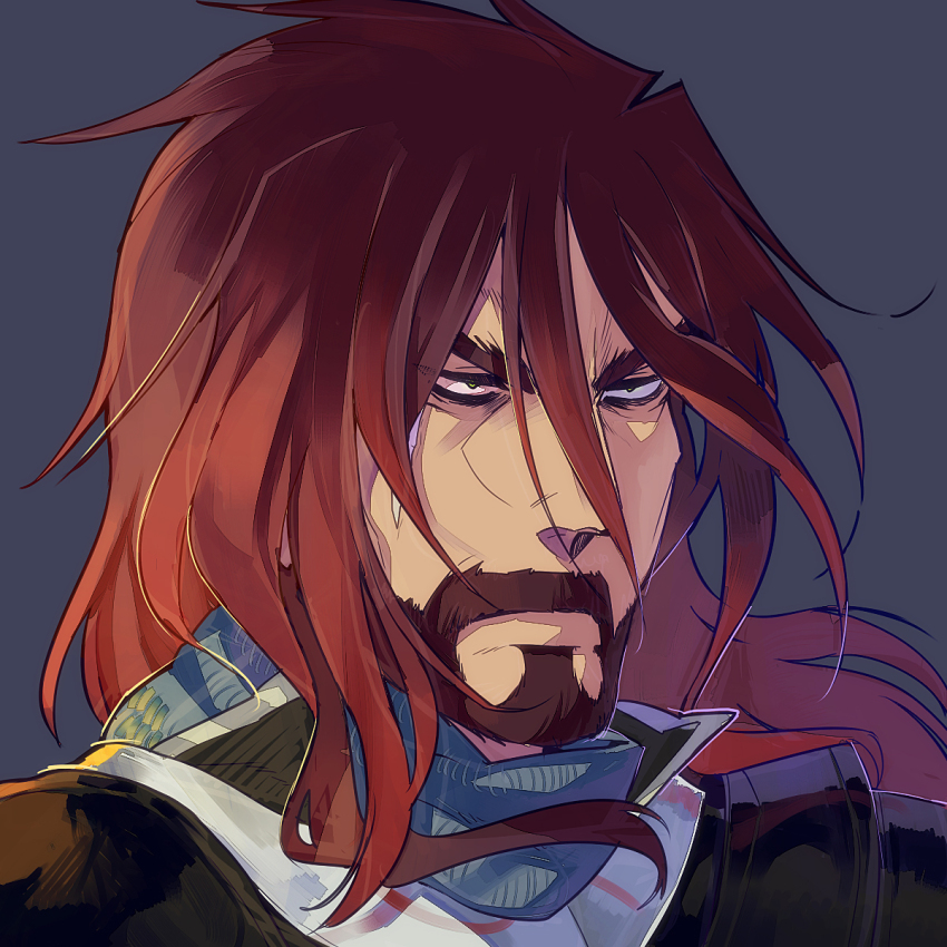 1boy armor black_armor blue_background blue_eyes breastplate facial_hair facing_to_the_side gurast highres long_hair looking_to_the_side male_focus mature_male original red_hair scar scar_on_face shoulder_armor