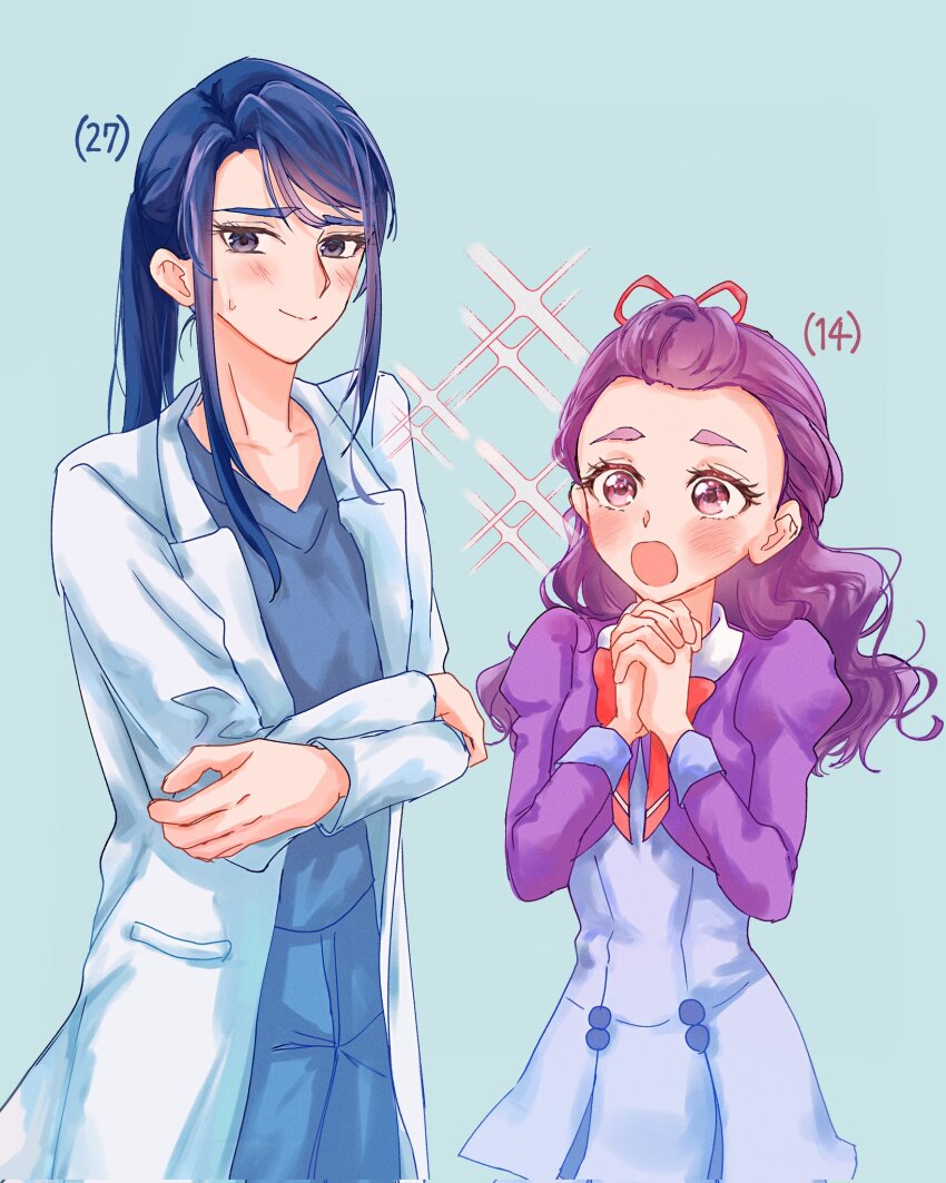 2girls :o blue_eyes blue_hair blue_shirt character_age collarbone cowboy_shot cure343_55 highres jacket kibou_no_chikara_otona_precure_&#039;23 l&#039;ecole_des_cinq_lumieres_school_uniform long_hair long_sleeves mimino_kurumi minazuki_karen multiple_girls open_mouth own_hands_together precure purple_eyes purple_hair purple_skirt school_uniform shirt skirt sweatdrop white_jacket yes!_precure_5 yes!_precure_5_gogo! yuri