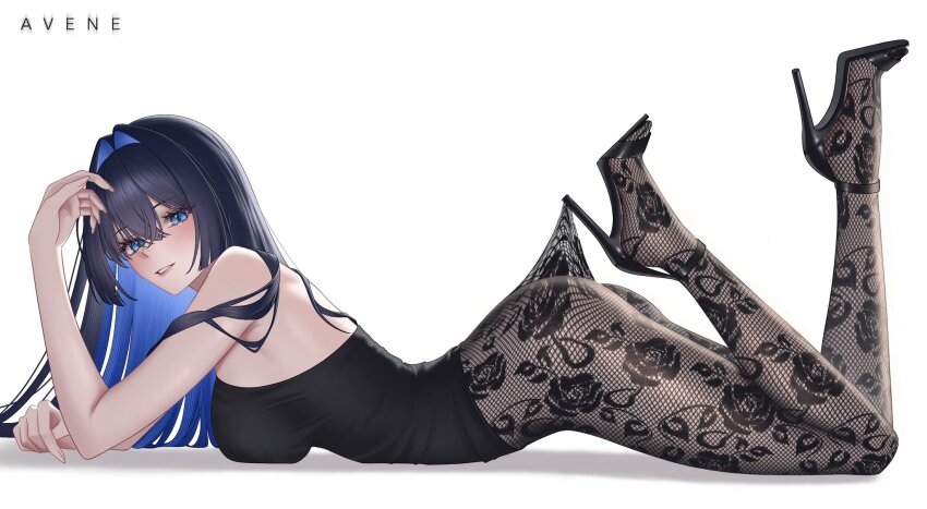 1girl alternate_costume arched_back ass asymmetrical_horns avene_chan black_camisole black_hair black_pantyhose blue_hair blunt_bangs blunt_ends breasts camisole colored_inner_hair commentary feet_up floral_print_pantyhose flower from_side full_body hair_intakes hair_ornament hashtag-only_commentary high_heels highres hololive hololive_english hooked_on_heel horns lace_pantyhose lace_pantyhose_hooked_on_heel_(meme) large_breasts long_hair looking_at_viewer lying meme mole multicolored_hair official_alternate_hairstyle on_stomach ouro_kronii pantyhose parted_lips sideboob simple_background solo strappy_heels tassel the_pose virtual_youtuber white_background