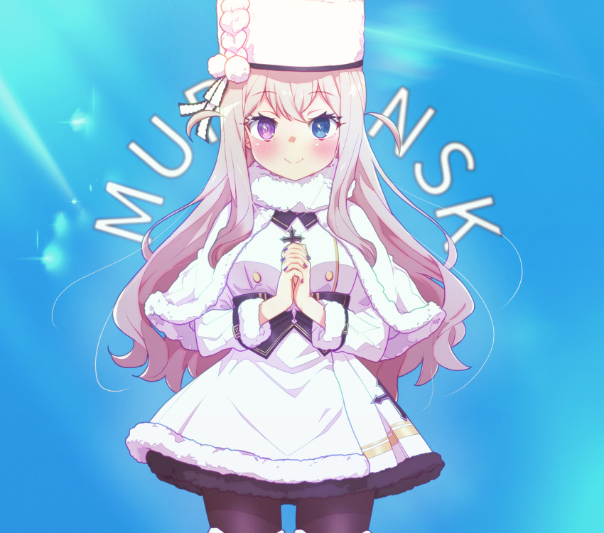 1girl arbiter1 azur_lane black_pantyhose blue_eyes blush breasts coat coat_dress cross cross_necklace dress fur-trimmed_coat fur-trimmed_collar fur-trimmed_dress fur-trimmed_sleeves fur_hat fur_trim grey_hair hat heterochromia highres jewelry long_hair looking_at_viewer medium_breasts murmansk_(azur_lane) necklace nightgown pantyhose pink_eyes purple_eyes smile solo white_dress white_hat white_nightgown winter_clothes winter_coat