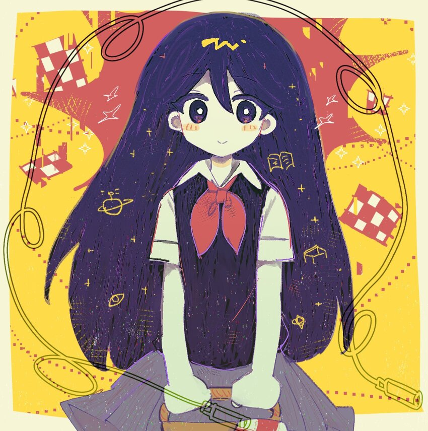1girl basket black_sweater_vest blush bright_pupils closed_mouth collared_shirt colored_skin hair_behind_ear highres holding holding_basket jump_rope long_hair looking_at_viewer mari_(headspace)_(omori) mari_(omori) neckerchief omori picnic_basket purple_eyes purple_hair red_neckerchief shirt short_sleeves smile solo spoilers sweater_vest un_0tk white_pupils white_skin