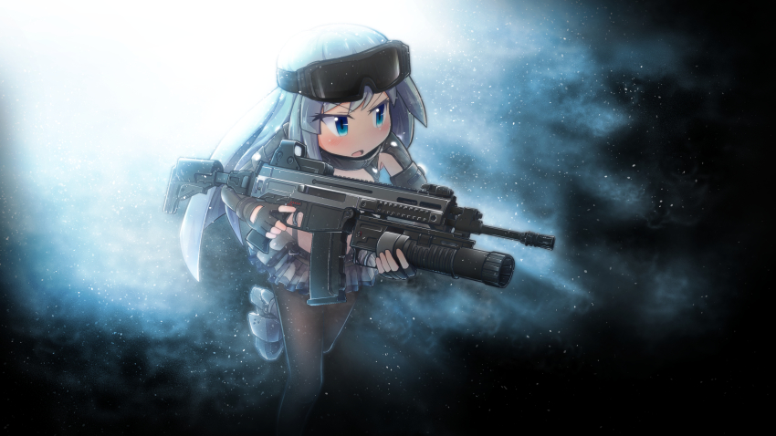 1girl absurdres assault_rifle blue_eyes chibi cz-805 cz-805_(girls&#039;_frontline) cz_805_bren epiphone_(flet06) exoskeleton female_focus fingerless_gloves frilled_skirt frills girls&#039;_frontline gloves goggles goggles_on_head grenade_launcher grey_hair gun highres light_particles long_hair mechabare rifle running sight skirt solo thighhighs underbarrel_grenade_launcher weapon