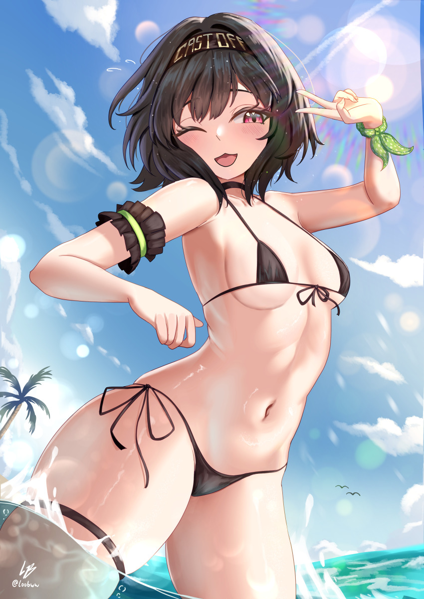 1girl :3 ;d absurdres arm_strap arm_up azur_lane bare_shoulders bikini black_bikini black_hair black_headband blue_sky blush breasts cleavage clothes_writing cloud collarbone commentary commission cooper_(azur_lane) cowboy_shot day english_commentary hachimaki hair_between_eyes headband highres lens_flare loob navel ocean one_eye_closed open_mouth outdoors palm_tree pink_eyes pixiv_commission short_hair side-tie_bikini_bottom sidelocks signature sky small_breasts smile solo standing swimsuit thigh_strap tree v wading wristband
