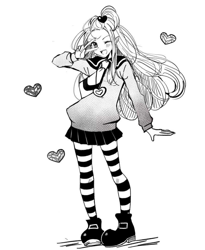 1girl absurdres blush chocolat_meilleure commentary_request earrings full_body greyscale heart heart_pendant highres jewelry kasuga_kaya korean_commentary long_hair long_sleeves looking_at_viewer monochrome necktie one_eye_closed open_mouth school_uniform sidelocks smile solo striped_clothes striped_thighhighs sugar_sugar_rune thighhighs v