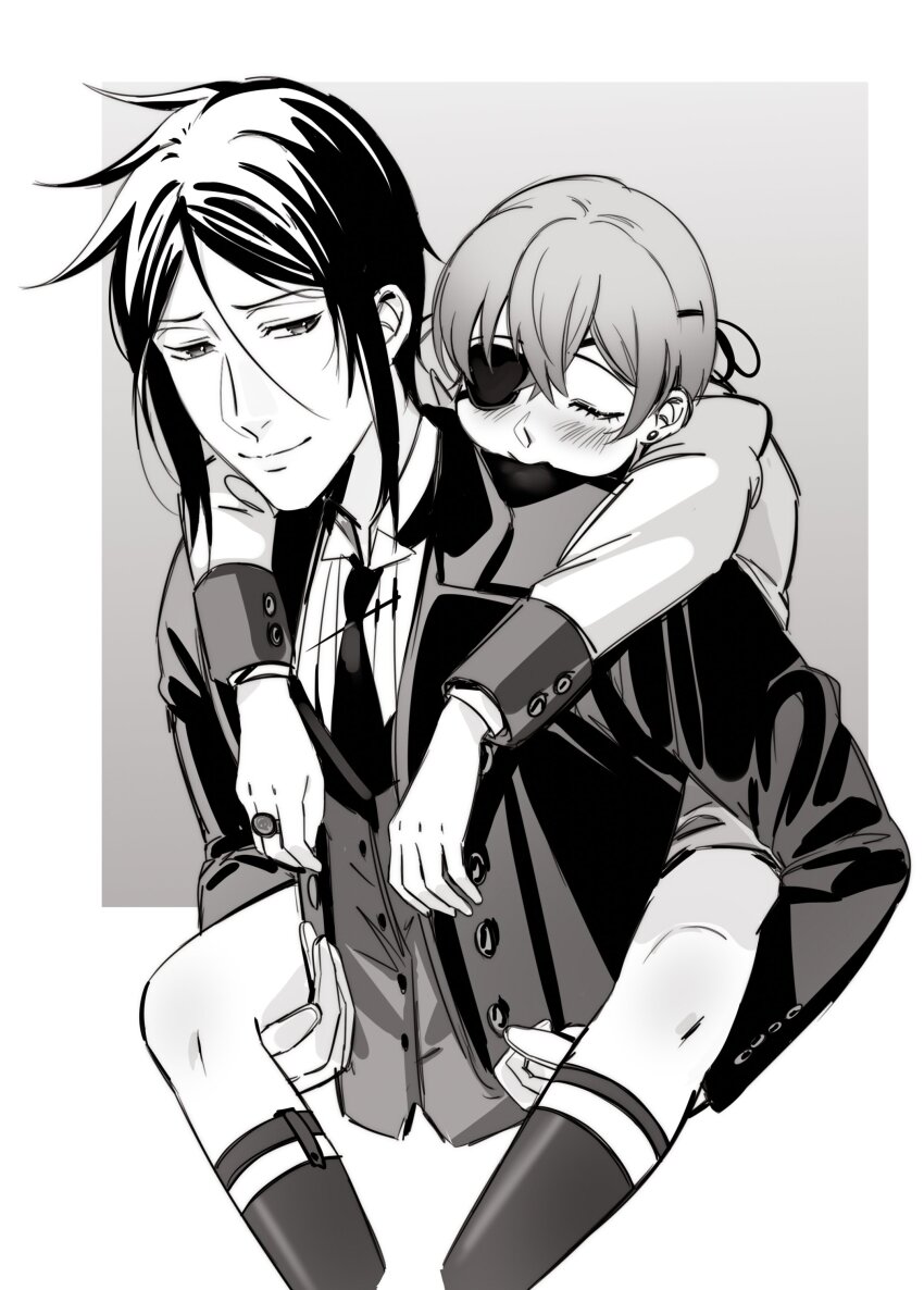 2boys absurdres black_hair black_suit blush carrying ciel_phantomhive closed_mouth earrings eyepatch formal_clothes hair_between_eyes highres jewelry kuroshitsuji long_sleeves male_focus multiple_boys piggyback sebastian_michaelis shirt short_hair simple_background suit uneasywolf victorian