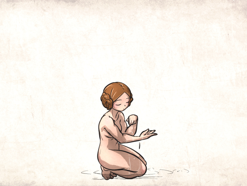 1girl barefoot bathing braid braided_bun breasts brown_hair closed_eyes closed_mouth commentary completely_nude english_commentary facing_to_the_side feet hair_bun ironlily kneeling lady_johnna_(ironlily) medieval medium_breasts muscular muscular_female nude ordo_mediare_sisters_(ironlily) pool ripples shallow_water simple_background solo water water_drop wet