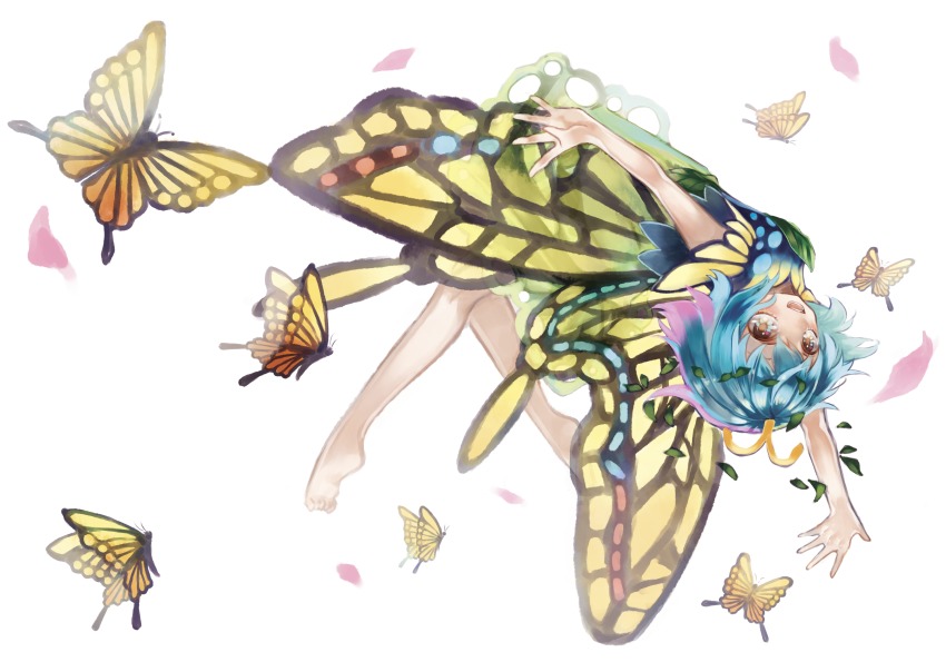1girl antennae bare_arms bare_legs barefoot blue_hair brown_eyes bug butterfly butterfly_wings dress eternity_larva female_focus full_body green_dress hair_ornament highres insect insect_wings leaf_hair_ornament looking_at_viewer open_mouth outstretched_arms short_dress short_hair simple_background smile solo syukou touhou white_background wings