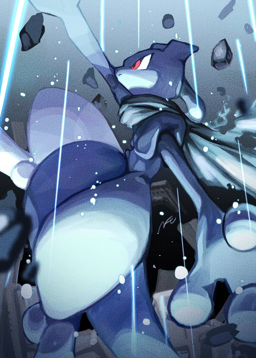 1other closed_mouth colored_skin furry gen_1_pokemon highres legendary_pokemon looking_up mewtwo n-shi_(fruit1830) nintendo other_focus pokemon pokemon_(creature) purple_skin red_eyes rock scarf solo tail