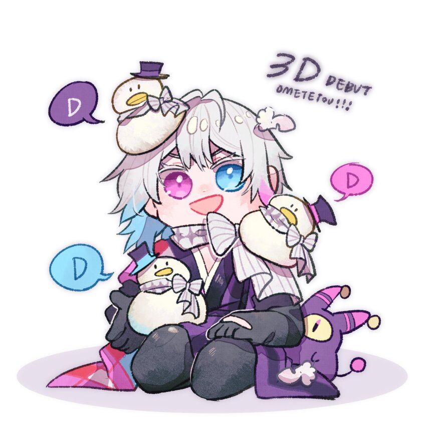 1boy argyle_clothes argyle_coat bird black_gloves blue_eyes blue_hair chibi coat colored_eyelashes commentary congratulations creature creature_on_shoulder english_commentary english_text gavis_bettel gavis_bettel_(1st_costume) gloves goose grey_hair hair_between_eyes hat heterochromia highres holding holostars holostars_english licwiz_1103 looking_at_viewer male_focus medium_hair multicolored_coat multicolored_hair on_shoulder open_mouth phantom_(gavis_bettel) pink_eyes pink_hair scarf seiza sitting smile solo top_hat virtual_youtuber white_background white_hair white_scarf