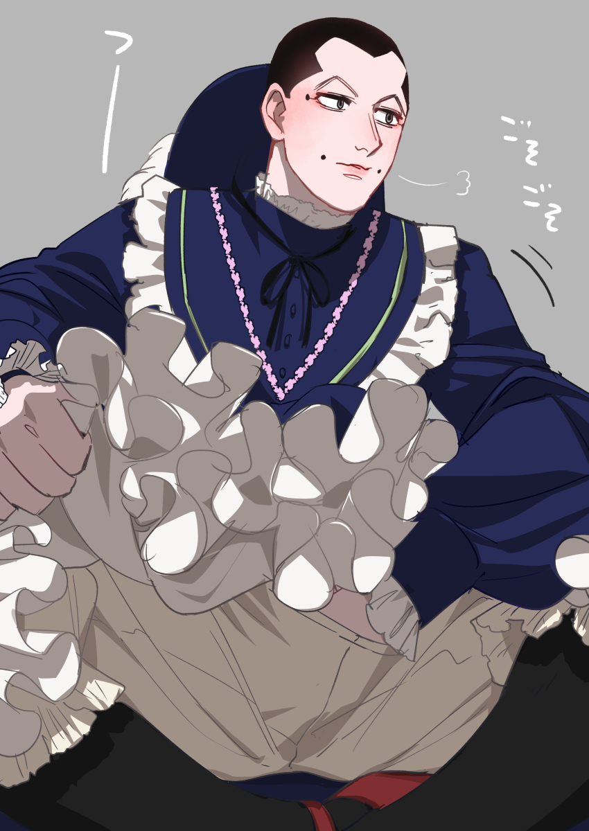 1boy absurdres black_hair black_socks blue_dress blush buttons closed_mouth dress facial_mark golden_kamuy grey_background hand_in_pants hat_on_back highres long_sleeves looking_ahead male_focus parted_lips red_shoes reman_kamuy scratching scratching_crotch shoes short_hair simple_background socks solo translation_request usami_tokishige