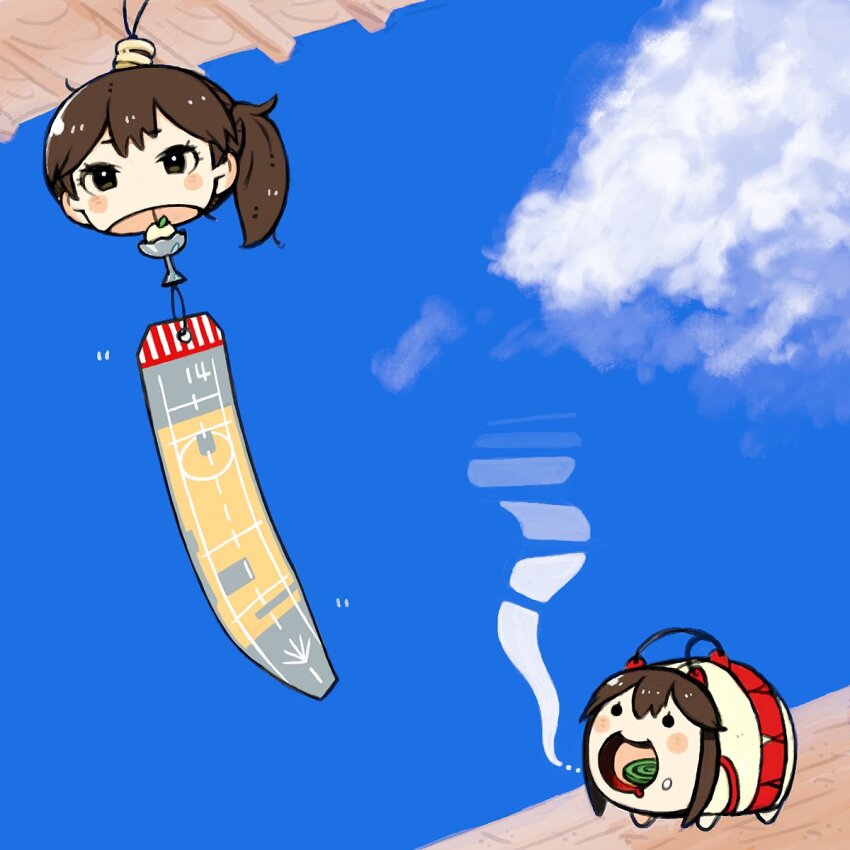 akagi_(kancolle) blue_sky cloud commentary_request flight_deck fujinozu highres kaga_(kancolle) kantai_collection kayari_buta mosquito_coil no_humans objectification sky smoke wind_chime wind_chime_focus