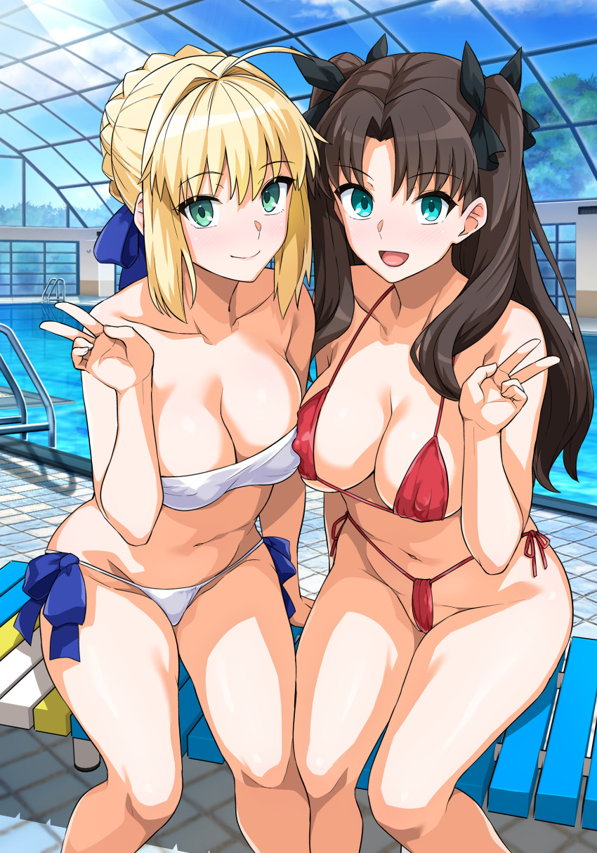 2girls :d absurdres artoria_pendragon_(fate) bikini black_bow black_hair black_thighhighs blonde_hair blue_eyes blue_ribbon blush bow braid breasts cleavage collarbone commentary_request crown_braid fate/stay_night fate_(series) green_eyes hair_bow hair_ribbon haruhisky highres long_hair looking_at_viewer medium_breasts multiple_girls navel open_mouth red_bikini ribbon saber_(fate) side-tie_bikini_bottom sidelocks sitting smile stomach swimsuit thighhighs thighs two_side_up very_long_hair white_bikini