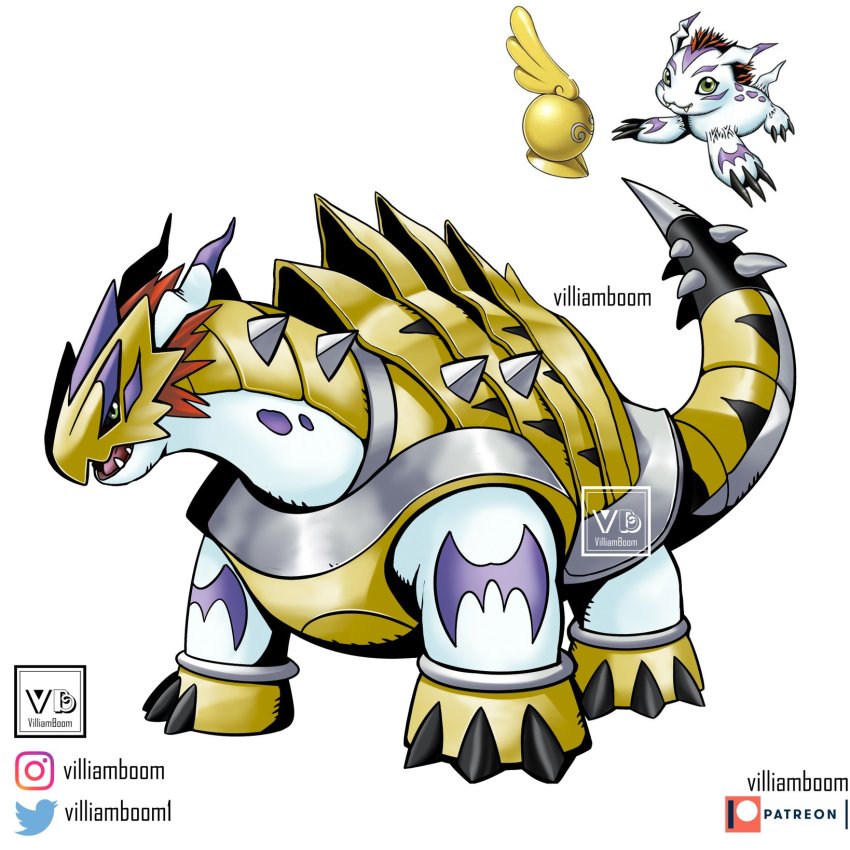 armor artist_name colored_skin digimental digimental_of_fate digimon digimon_(creature) digimon_survive full_body gold_armor gomamon helm helmet highres instagram_logo looking_at_viewer open_mouth patreon_logo red_hair sharp_teeth short_hair standing tail teeth twitter_logo villiam_boom white_skin