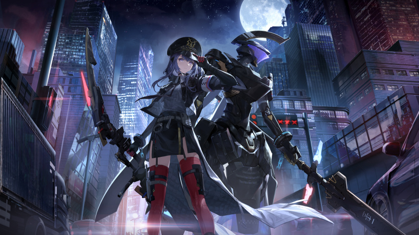 1girl absurdres adjusting_clothes adjusting_headwear alisa:_echo_(pgr) alisa_(pgr) armor black_headwear black_jacket black_necktie black_skirt bow_(weapon) building car city cityscape collared_shirt cuffs dress_shirt feet_out_of_frame full_moon garter_straps hand_on_headwear handcuffs hat highres holding holding_bow_(weapon) holding_weapon jacket looking_at_viewer mechabare military_hat miniskirt moon motor_vehicle necktie night night_sky official_art peaked_cap pelvic_curtain pencil_skirt police police_uniform policewoman punishing:_gray_raven purple_eyes purple_hair red_thighhighs semi_truck shirt skirt sky standing star_(sky) starry_sky thigh_sheath thigh_strap thighhighs trailer truck weapon white_shirt wu_lun_wujin