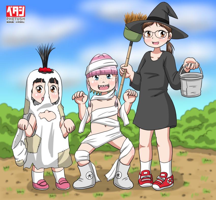 3girls absurdres agnes_(despicable_me) bag beanie black_dress black_hair black_hat blonde_hair blue_eyes blush boots breasts broom brown_eyes brown_hair bucket bush cloud collarbone despicable_me dress edith_(despicable_me) flat_chest ghost_costume ghost_pose glasses grass halloween halloween_costume hat highres holding holding_bag holding_broom holding_bucket loli long_hair looking_at_viewer low_ponytail margo_(despicable_me) marup multiple_girls mummy mummy_costume navel nude open_mouth pink_hat pink_shoes ponytail print_boots print_shoes red_shoes scrunchie sharp_teeth sheet_ghost shoes short_hair short_sleeves siblings sisters sky small_breasts smile sneakers snowflake_print socks standing star_(symbol) star_print teeth toilet_paper topknot white_boots white_socks witch witch_hat