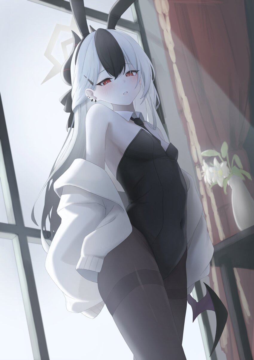 1girl absurdres alternate_costume animal_ears astra_chichi backlighting bare_shoulders black_bow black_hair black_horns black_necktie black_pantyhose blue_archive blush bow breasts bright_pupils cardigan cardigan_partially_removed commentary covered_navel cowboy_shot demon_girl demon_horns demon_wings detached_collar dutch_angle ear_piercing earrings fake_animal_ears flower gradient_hair grey_halo hair_between_eyes hair_bow hair_ornament hair_over_shoulder hairclip half_updo halo highres hoop_earrings horns indoors jewelry kayoko_(blue_archive) kayoko_(dress)_(blue_archive) leotard light_rays long_hair looking_at_viewer low_wings multicolored_hair necktie official_alternate_hairstyle pantyhose parted_lips piercing playboy_bunny rabbit_ears red_eyes short_necktie single_wing small_breasts solo straight_hair strapless strapless_leotard sunbeam sunlight thighband_pantyhose tsurime two-tone_hair white_cardigan white_flower white_hair white_pupils window wings