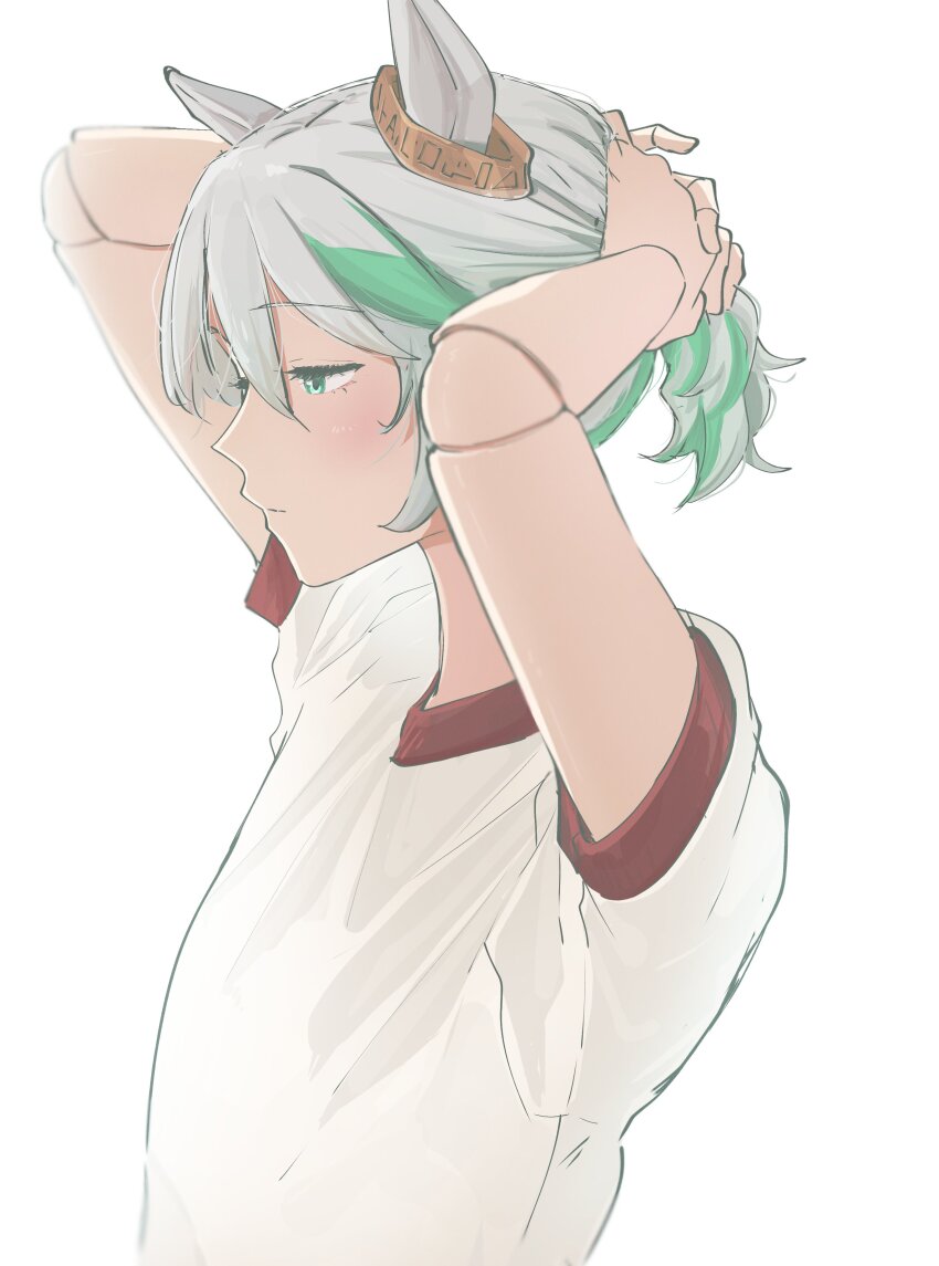 1girl absurdres alternate_costume animal_ears arms_up blush cecilia_immergreen commentary doll_joints english_commentary from_side green_eyes green_hair grey_hair hair_between_eyes highres hololive hololive_english horse_ears joints marii_(mmmmmarii_) shirt short_hair solo upper_body white_shirt