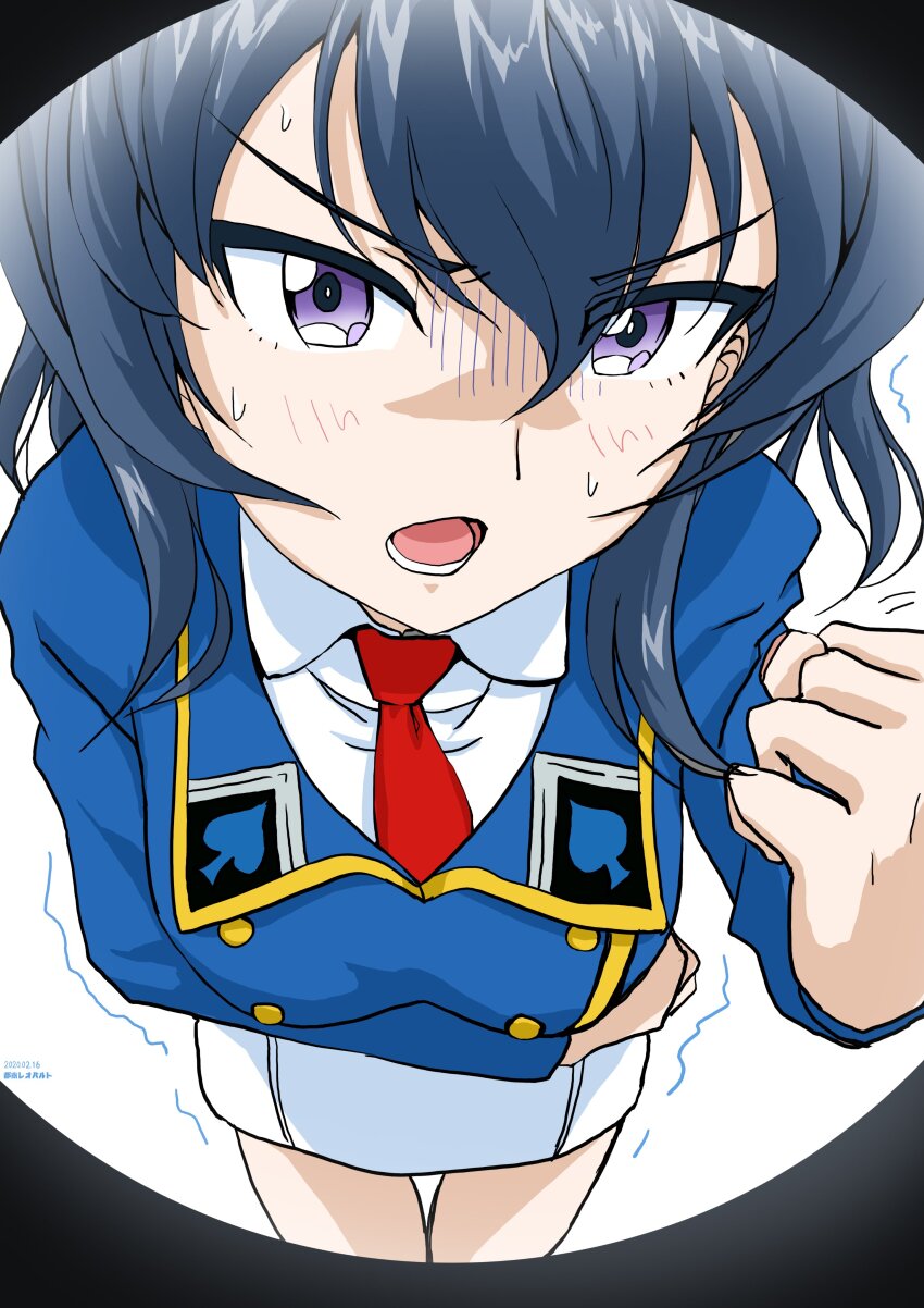 1girl absurdres blue_eyes blue_hair blue_jacket blush collared_shirt eclair_(girls_und_panzer) girls_und_panzer girls_und_panzer_gekitou!_maginot-sen_desu!! highres jacket knocking light_frown long_hair maginot_military_uniform miniskirt necktie pencil_skirt pov purple_eyes red_necktie shirt skirt spade_(shape) tonan_leopard trembling white_shirt white_skirt
