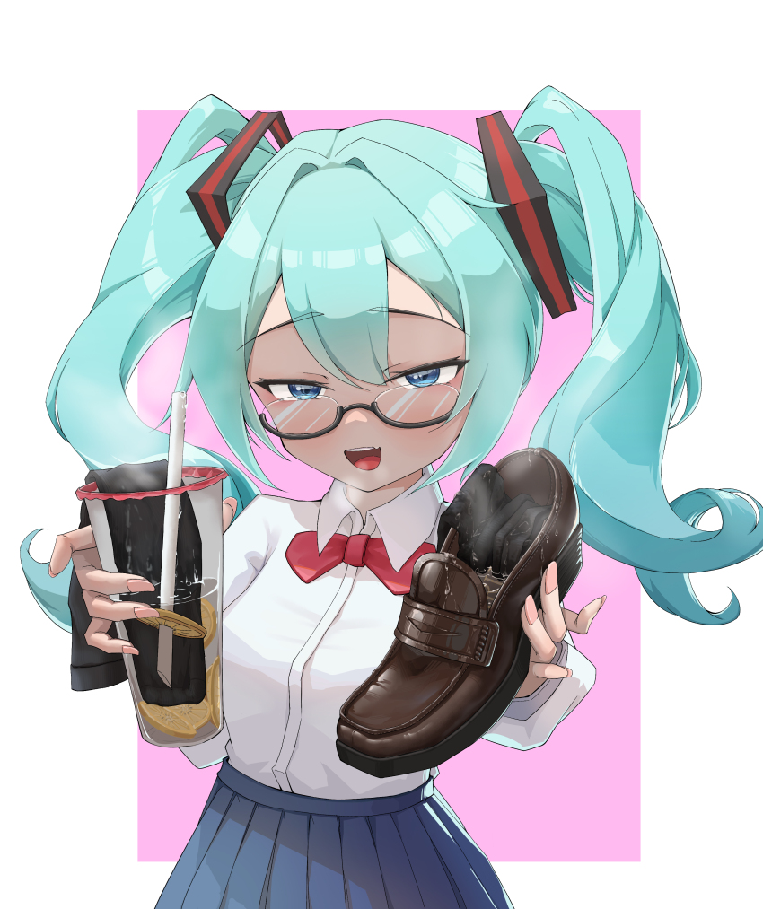 1girl absurdres blue_eyes blue_hair drink giving glasses hatsune_miku highres loafers long_hair looking_at_viewer open_mouth shoes single_shoe sock_tea socks steam twintails unworn_shoes unworn_socks vocaloid yaoshi_qiao_qiaole