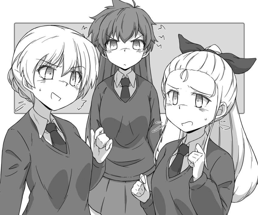 3girls aged_down alternate_hairstyle assam_(girls_und_panzer) black_necktie black_ribbon blonde_hair braid brown_hair collared_shirt commentary_request darjeeling_(girls_und_panzer) frown girls_und_panzer hair_down hair_ribbon highres long_hair messy_hair miniskirt monochrome multiple_girls necktie renshiu ribbon rukuriri_(girls_und_panzer) school_uniform shirt skirt st._gloriana&#039;s_school_uniform sweater