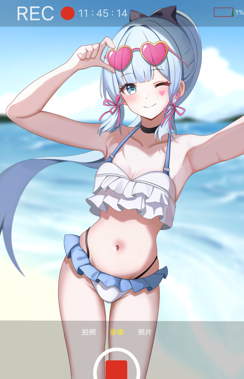 1girl absurdres ayaka_(genshin_impact) beach blue_eyes blue_hair blunt_bangs genshin_impact hair_ornament highres kenomotsu_yukuwa light_blue_hair long_hair long_sleeves looking_at_viewer low-tied_sidelocks mole mole_under_eye navel ponytail sidelocks solo stomach swimsuit viewfinder