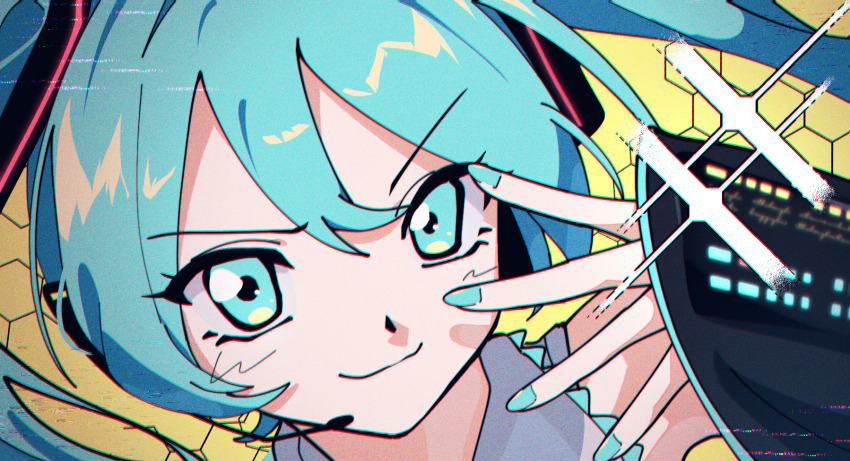 1girl black_sleeves blue_eyes blue_hair blue_nails closed_mouth detached_sleeves grey_shirt hair_between_eyes hatsune_miku headphones headset highres long_hair long_sleeves nail_polish nzeneee portrait shirt sleeveless sleeveless_shirt sleeves_past_wrists smile solo twintails v-shaped_eyebrows vocaloid yellow_background