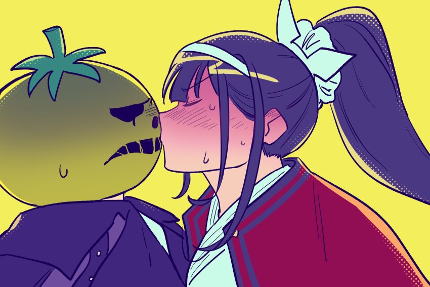 2girls black_hair blush cloak closed_eyes female_focus headband highres japanese_clothes kiss long_hair looking_at_another magadori_kyoshika mask mask_on_head multiple_girls oosuzuki_kurara ponytail red_cloak simple_background sweat sweatdrop the_hundred_line_-last_defense_academy- tomato upper_body white_headband yellow_background yuri