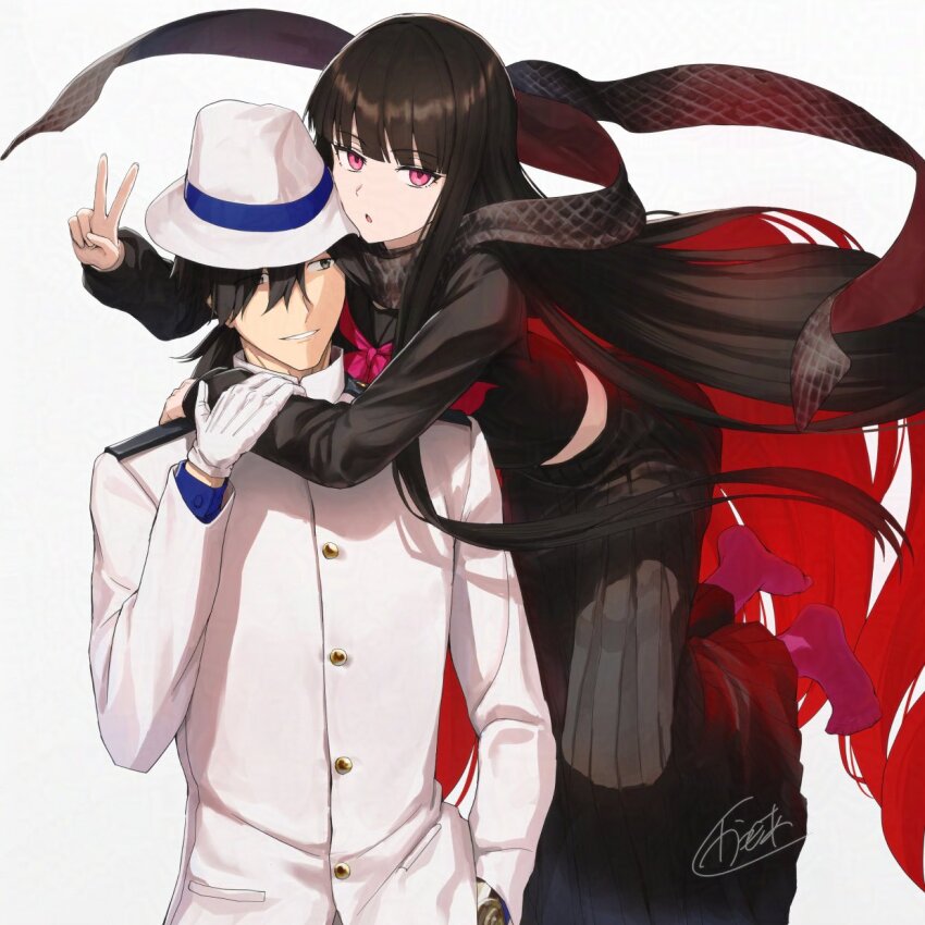 1boy 1girl black_hair black_scarf colored_inner_hair fate/grand_order fate_(series) fedora floating formal_clothes gloves grey_hakama hair_over_one_eye hakama hat highres jacket japanese_clothes kamo_ashi long_hair long_sleeves multicolored_hair oryou_(fate) ponytail red_eyes red_hair sakamoto_ryouma_(fate) scarf shirt smile suit v very_long_hair white_gloves white_hat white_suit