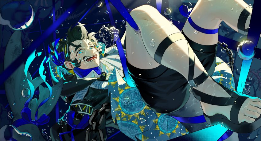 air_bubble ambiguous_gender asphyxiation blue_ribbon bubble chain crazy drowning fang floating_hair glowing highres kie_(monochrome_finale) kiekoio large_tail maze monochrome_finale original ribbon tail underwater