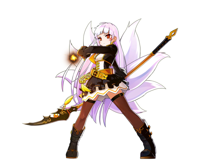 1girl ara_haan belt belt_buckle black_belt black_boots black_jacket black_skirt blunt_bangs boots bow bright_pupils brown_thighhighs buckle chinese_clothes closed_mouth dot_nose earrings elsword expressionless eyeshadow fighting_stance fire floating_hair floral_print fox_girl fox_tail frilled_skirt frilled_sleeves frills full_body game_cg gold_buckle hair_bow hair_ornament hairpin highres holding holding_polearm holding_weapon jacket jewelry knees layered_skirt legs_apart light_frown long_hair long_sleeves looking_at_viewer makeup marking_on_cheek miniskirt multiple_tails naginata official_art open_clothes open_jacket orange_belt pink_eyeshadow polearm pyrokinesis red_eyes sando_(dukedevil) second-party_source see-through_clothes see-through_thighhighs shirt skirt slit_pupils solo standing straight_hair tachi-e tail tassel tassel_earrings thigh_belt thigh_strap thighhighs transparent_background tsurime very_long_hair weapon white_hair white_shirt white_skirt yellow_bow yellow_pupils