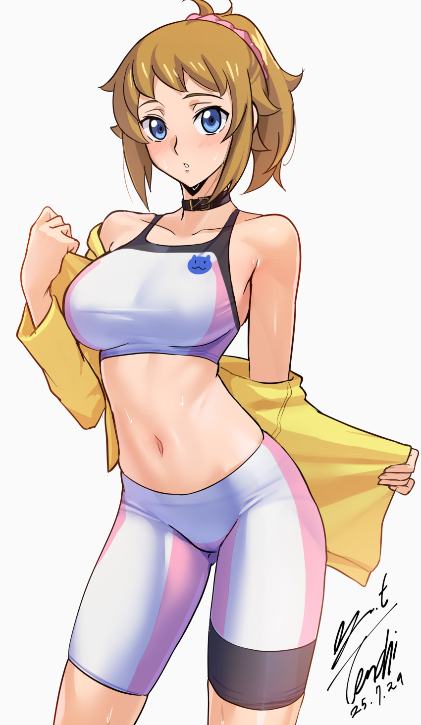 1girl absurdres bare_shoulders bike_shorts black_choker blue_eyes blush breasts brown_hair choker commentary_request dated gundam gundam_build_fighters gundam_build_fighters_try hair_ornament hair_scrunchie highres hoshino_fumina jacket large_breasts long_hair long_sleeves looking_at_viewer midriff navel off_shoulder open_clothes open_jacket pink_scrunchie pink_shorts pink_sports_bra ponytail scrunchie shorts signature simple_background solo sports_bra stomach sweat two-tone_shorts two-tone_sports_bra white_background white_shorts white_sports_bra yellow_jacket yoo_tenchi