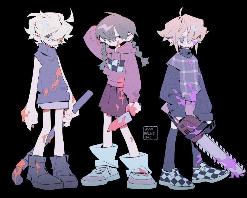 .flow 3girls ahoge arm_behind_head black_background black_footwear black_shirt black_socks blonde_hair blood blood_on_arm blood_on_clothes blood_on_face blood_on_hands blood_on_leg bloody_knife boots braid brown_hair chainsaw checkered_footwear closed_mouth dream_vs_dream expressionless full_body genre_connection grey_sweater hair_over_one_eye higa423 highres holding holding_chainsaw holding_lead_pipe hood hood_down hoodie kitchen_knife knife layered_shirt lead_pipe long_hair looking_at_viewer madotsuki multiple_girls one_eye_closed pink_blood pleated_skirt print_hoodie purple_eyes purple_skirt ringed_eyes sabitsuki shirt shoes short_hair simple_background skirt sleeveless sleeveless_sweater socks sweater turtleneck turtleneck_sweater twin_braids two-tone_footwear urotsuki white_footwear white_hair yume_2kki yume_nikki