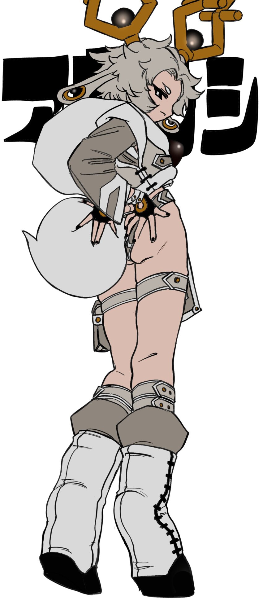 1boy absurdres animal_ears antlers ass black_eyes black_gloves boots closed_mouth commentary_request cropped_jacket deer_antlers deer_boy deer_ears deer_tail fingerless_gloves full_body gloves grey_hair hand_on_own_ass highres hood hood_down hoof_shoes horns long_sleeves looking_at_viewer looking_back male_focus nintendo personification pokemon pouch shima_(wansyon144) short_hair simple_background sleeveless sleeveless_jacket solo standing tail thigh_pouch translation_request trap white_background wyrdeer