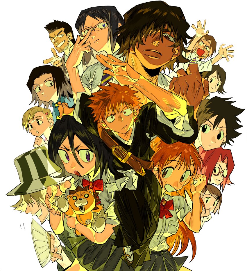 6+boys 6+girls absurdres adjusting_eyewear arisawa_tatsuki asano_keigo beard_stubble black_hair black_kimono black_skirt bleach bow bowtie breasts brown_hair collared_shirt facial_hair furrowed_brow glasses grin hair_between_eyes hair_ornament hair_over_one_eye hairclip highres honshou_chizuru inoue_orihime ishida_uryuu japanese_clothes kimono kon_(bleach) kuchiki_rukia kurosaki_ichigo kurosaki_isshin kurosaki_karin kurosaki_yuzu light_blush long_hair medium_breasts multiple_boys multiple_girls oogawa_michiru orange_hair parted_bangs red_bow red_bowtie red_hair sado_yasutora school_uniform shaded_face shihakusho shirt skirt smile spiked_hair striped_hat stubble stuffed_animal stuffed_lion stuffed_toy sweat teeth upper_body urahara_kisuke white_background white_shirt x_hair_ornament xi_luo_an_ya