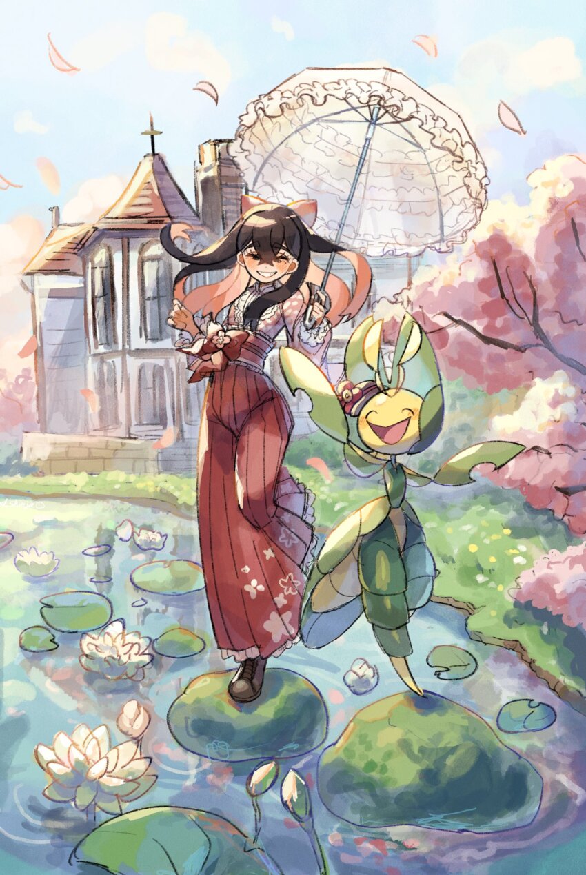 1girl :d ^_^ alternate_costume black_hair carmine_(pokemon) cherry_blossoms closed_eyes crossed_bangs falling_petals game_freak gen_5_pokemon hair_between_eyes happy highres holding holding_umbrella leavanny lily_pad long_hair matsuda_(0yx38755230263c) nintendo on_rock open_mouth outdoors petals pokemon pokemon_(creature) pokemon_sv smile solo standing standing_on_one_leg umbrella water
