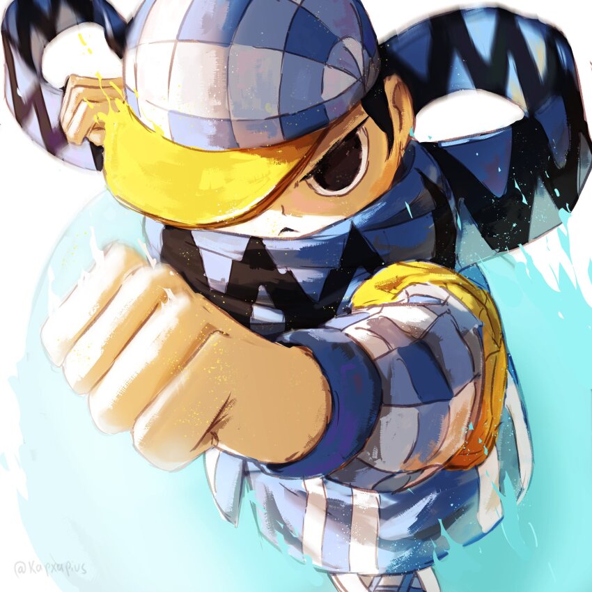 1boy :&lt; armband baseball_cap black_eyes black_hair blue_scarf blue_theme clenched_hands hat highres incoming_attack jacket kapxapius looking_at_viewer male_focus mule_love one_eye_covered original peaked_cap scarf shoes short_hair sneakers solo toon_(style) tower_of_god white_background yellow_armband