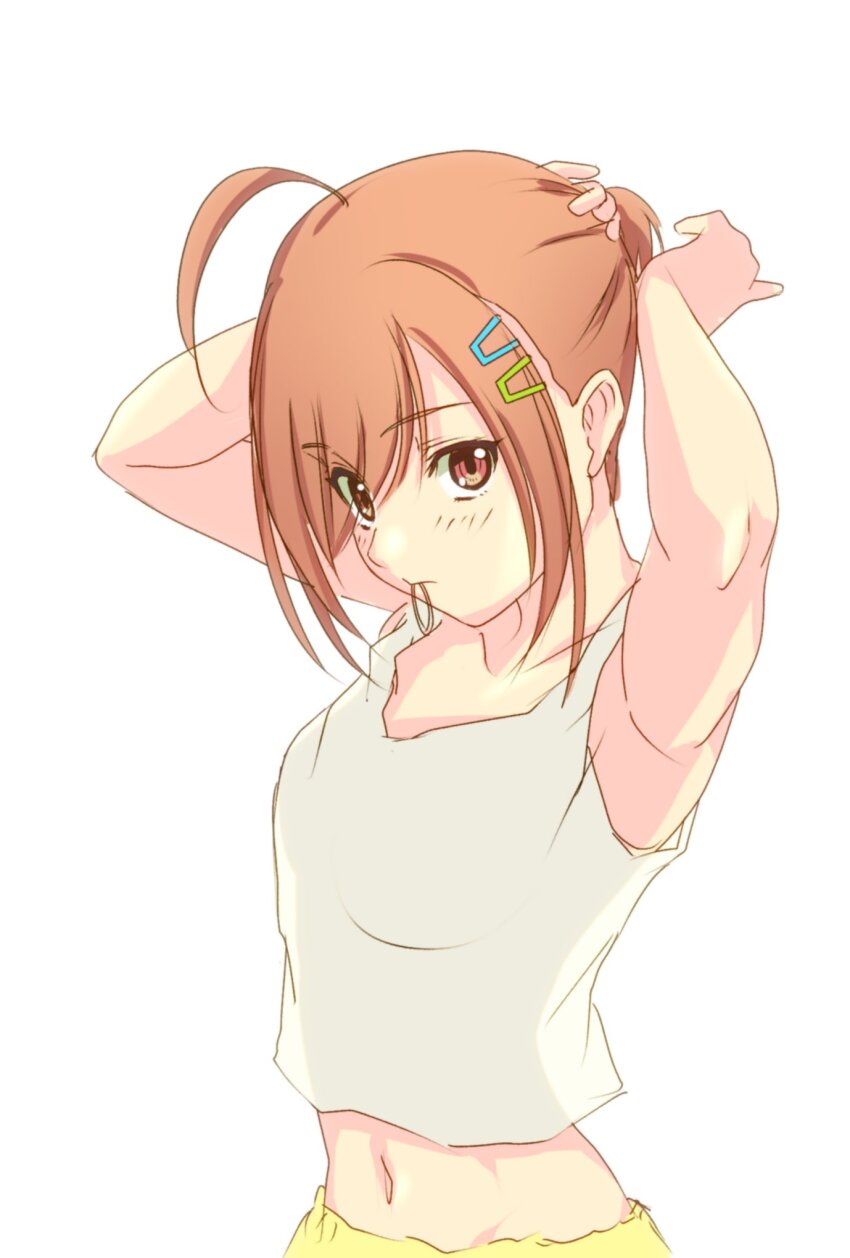 1girl 22/7 ahoge arms_up bxtbsy7q76gxh73 camisole collarbone eyes_visible_through_hair hair_ornament hair_tie hair_tie_in_mouth hairclip highres himuro_mizuki looking_at_viewer mouth_hold navel orange_hair short_hair solo tying_hair upper_body white_background white_camisole