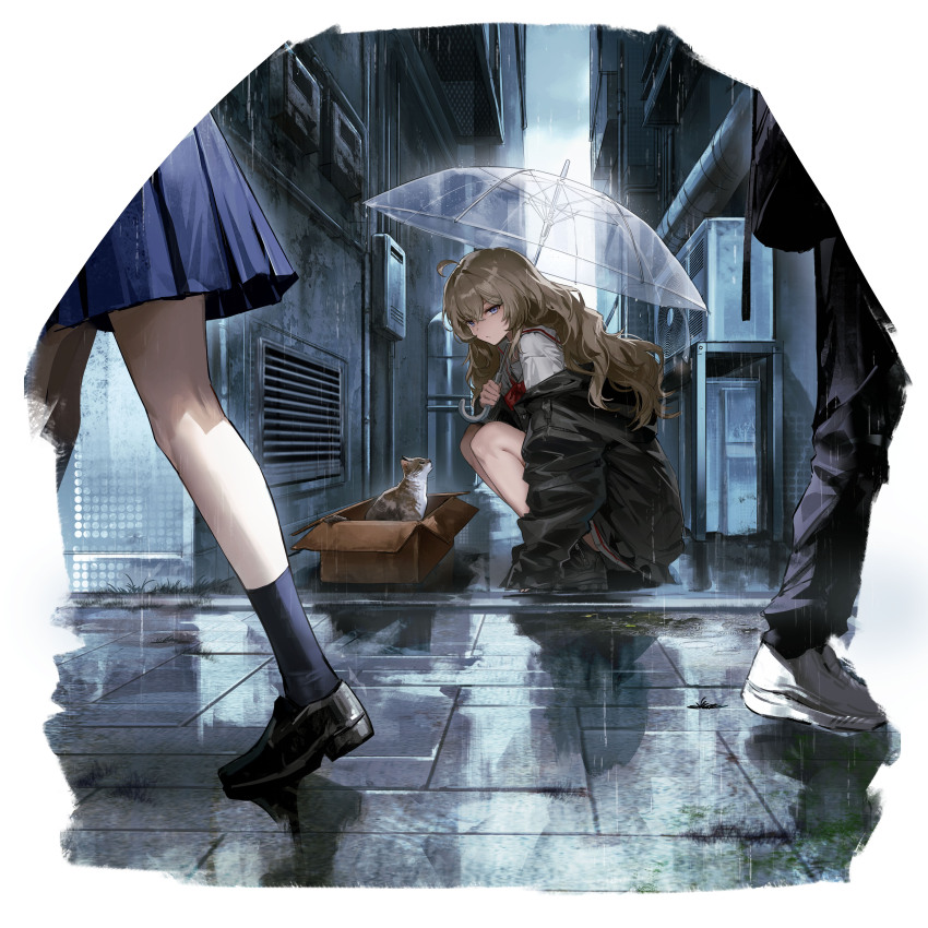 1other 2girls absurdres ahoge alley baggy_clothes black_jacket black_socks blue_eyes blue_skirt brown_hair cat highres holding holding_umbrella jacket jacket_partially_removed kneeling loafers long_hair looking_at_viewer messy_hair multiple_girls original pleated_skirt rain red_ribbon reflection ribbon shirt shoes skirt sneakers socks sowb transparent transparent_umbrella umbrella urban wavy_hair white_background white_shirt white_skirt