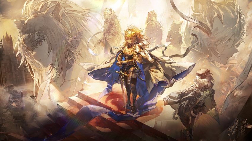 6+girls absurdres animal_ears arknights armor armored_dress black_footwear blonde_hair cloak crown dagda_(arknights) delphine_(arknights) dress highres holding holding_sword holding_weapon indra_(arknights) lion_ears lion_girl morgan_(arknights) multiple_girls official_art siege_(arknights) sword two-sided_cloak two-sided_fabric vina_victoria_(arknights) weapon