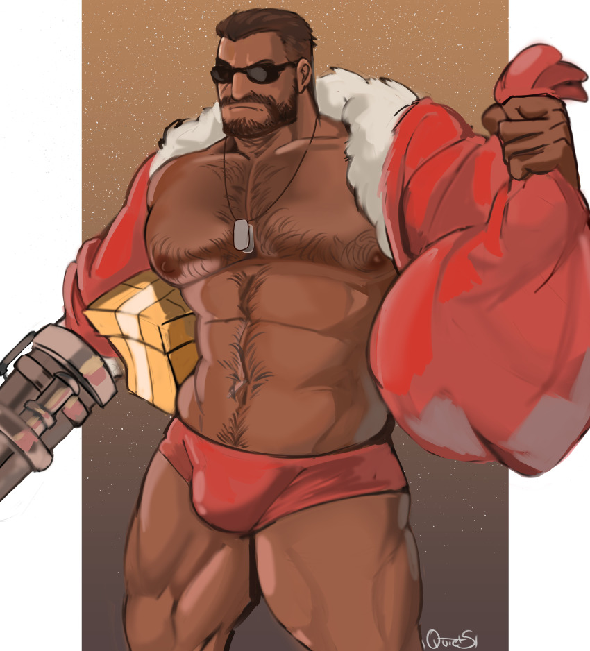 1boy abs absurdres bag bara barret_wallace box brown_hair bulge chest_hair coat dark-skinned_male dark_skin dog_tags facial_hair final_fantasy final_fantasy_vii final_fantasy_vii_remake fur-trimmed_coat fur_trim highres holding holding_bag holding_box male_focus male_underwear mature_male muscular muscular_male navel prosthetic_weapon quietscrappy red_bag red_coat red_male_underwear santa_costume short_hair sunglasses underwear very_short_hair