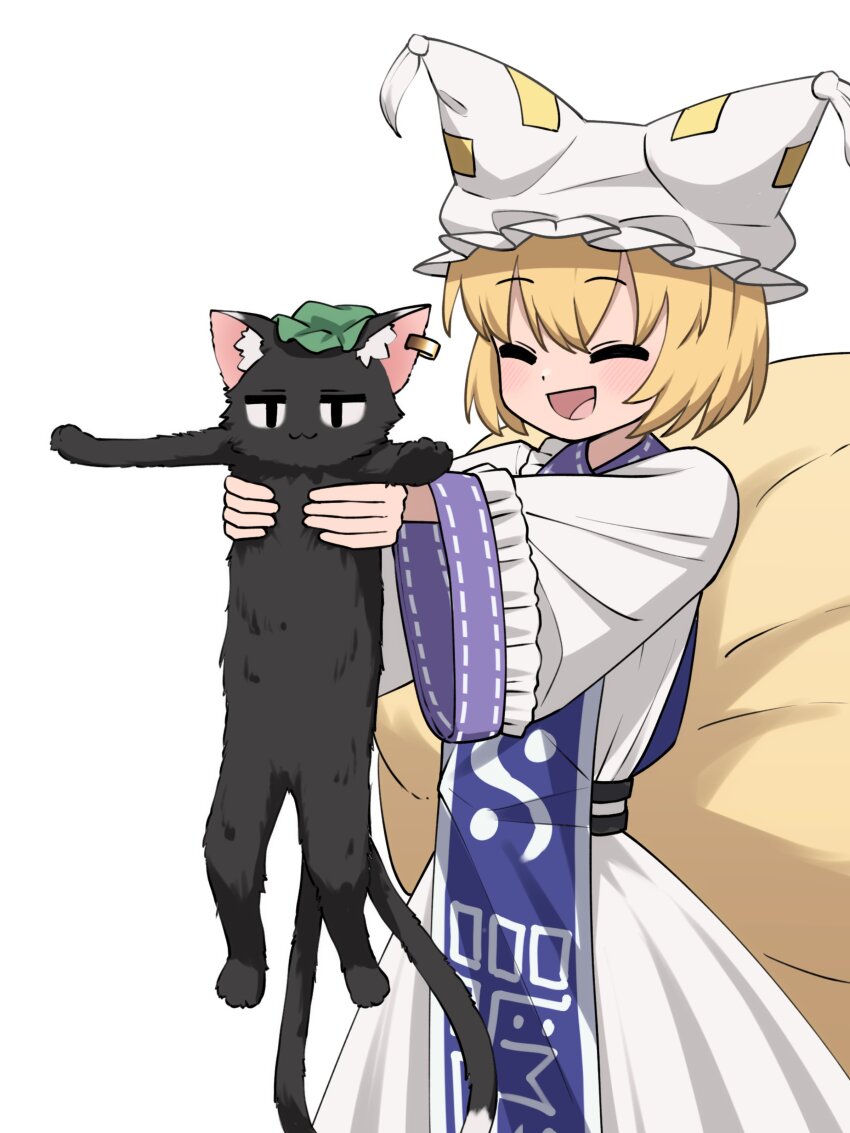 1girl :3 :d absurdres animal_ear_fluff animal_ear_piercing arms_up asakura_haru blonde_hair blue_tabard cat_tail chen chen_(cat) closed_eyes commentary_request double-parted_bangs dress earrings fox_tail hair_between_eyes happy hat highres jewelry long_cat_(meme) long_sleeves mob_cap multiple_tails nekomata open_mouth short_hair simple_background single_earring smile solo tabard tail touhou two_tails white_background white_dress wide_sleeves yakumo_ran