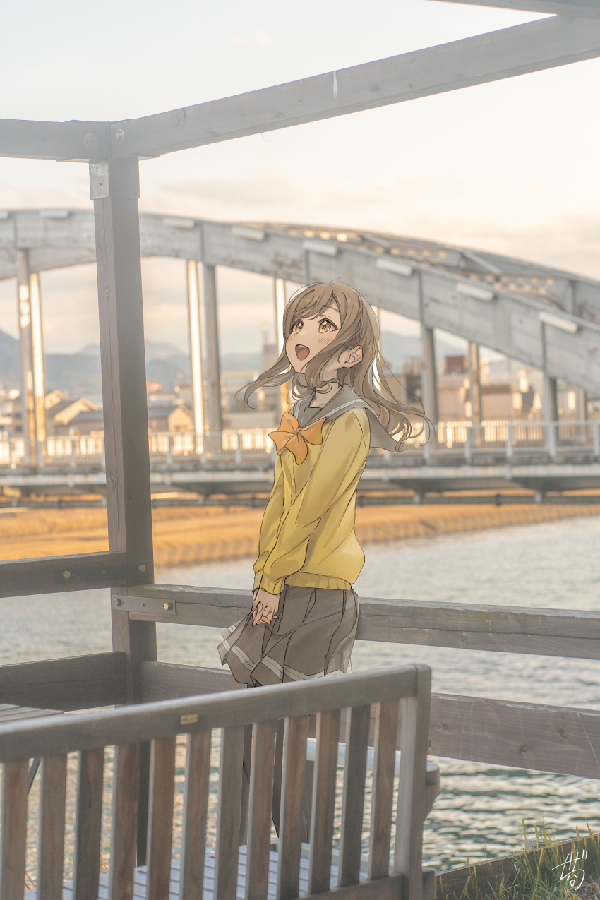 absurdres arm_up blue_sky bow bowtie bridge brown_hair cardigan highres hill hotechige house leaning_back long_hair looking_up love_live! love_live!_sunshine!! mountain mountainous_horizon numazu pantyhose photo_background realistic river sailor_collar scenery school_uniform serafuku sitting skirt sky sweater uranohoshi_school_uniform water wavy_hair yellow_bow yellow_bowtie yellow_eyes